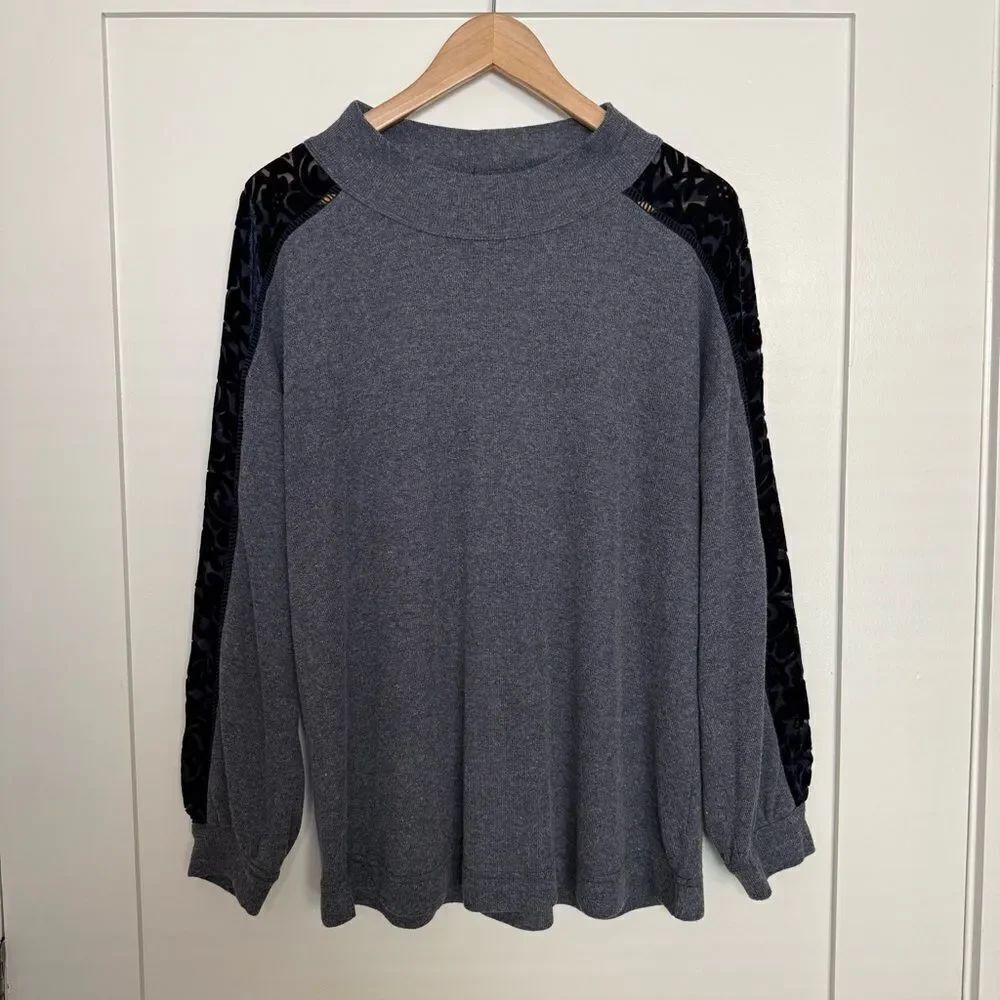 Soft Surroundings Zaida Top Womens Sz XL Blue Burnout Velvet Floral Long Sleeve